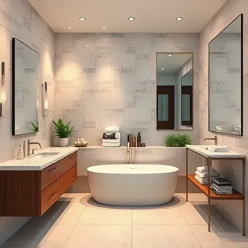 Perfectly remodeled bathroom in Wilmington CA with modern fixtures, freestanding bathtub, elegant vanity, and stylish decor.