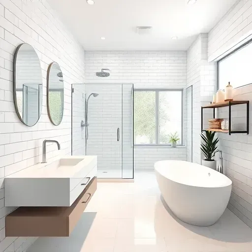 Bathroom remodel in Century City with white subway tiles, modern vanity, quartz countertop, glass shower, and soaking tub.