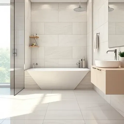 Beautiful modern Los Angeles bathroom showing seamless waterproofing around bathtub and shower with sleek tiles and natural light