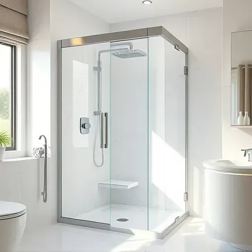 Modern bathroom with glass shower door, polished marble tiles, chrome fixtures, natural sunlight, and clean elegant design