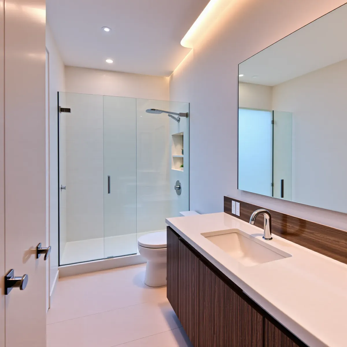 Modern Los Angeles small bathroom with white quartz, dark wood cabinets, glass shower, and natural light for elegant design.