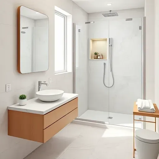 Freshly renovated small bathroom in West Los Angeles featuring modern fixtures, marble vanity, glass shower, and natural light