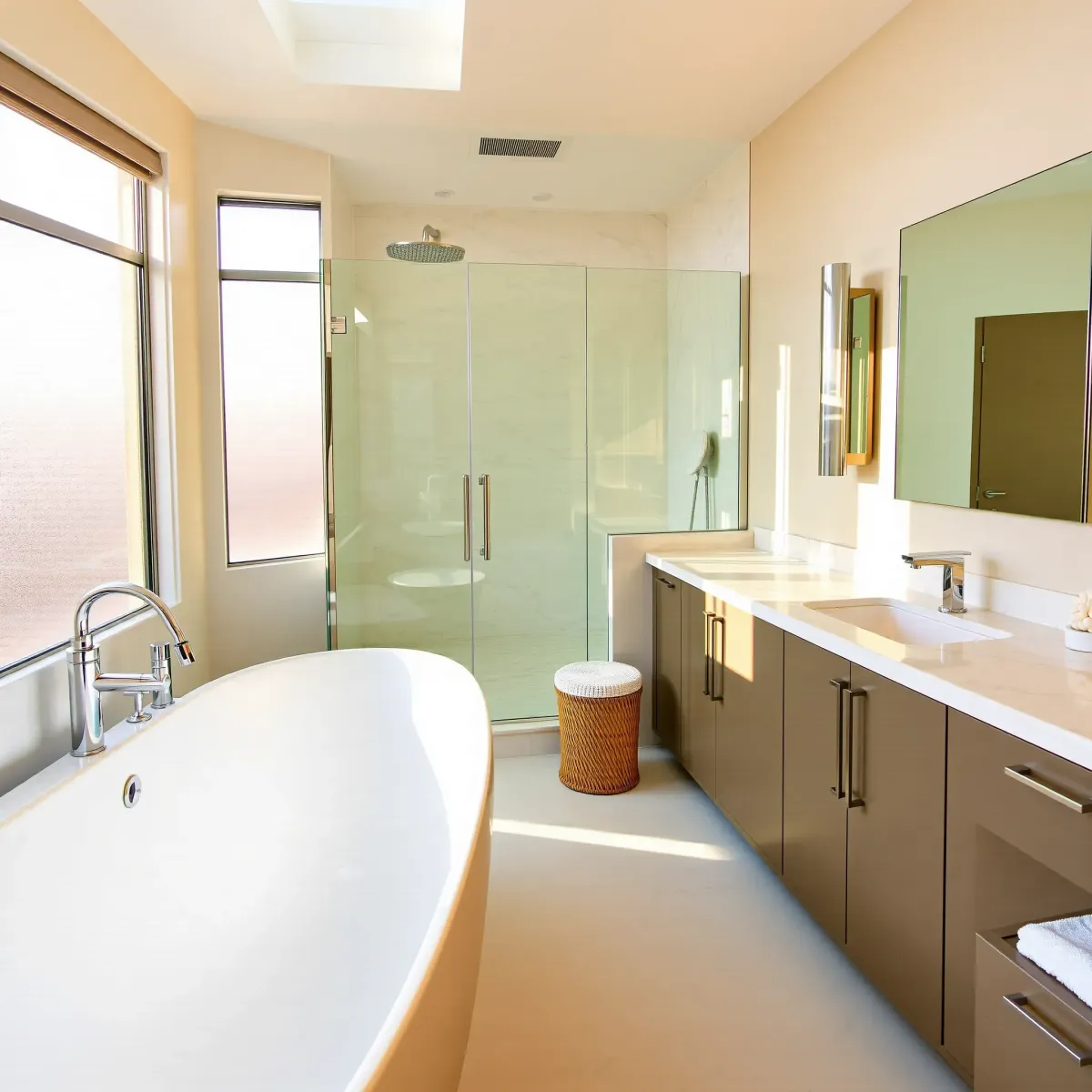 Venice, CA bathroom remodel featuring sleek marble countertops, spacious walk-in shower, modern fixtures, and natural light.
