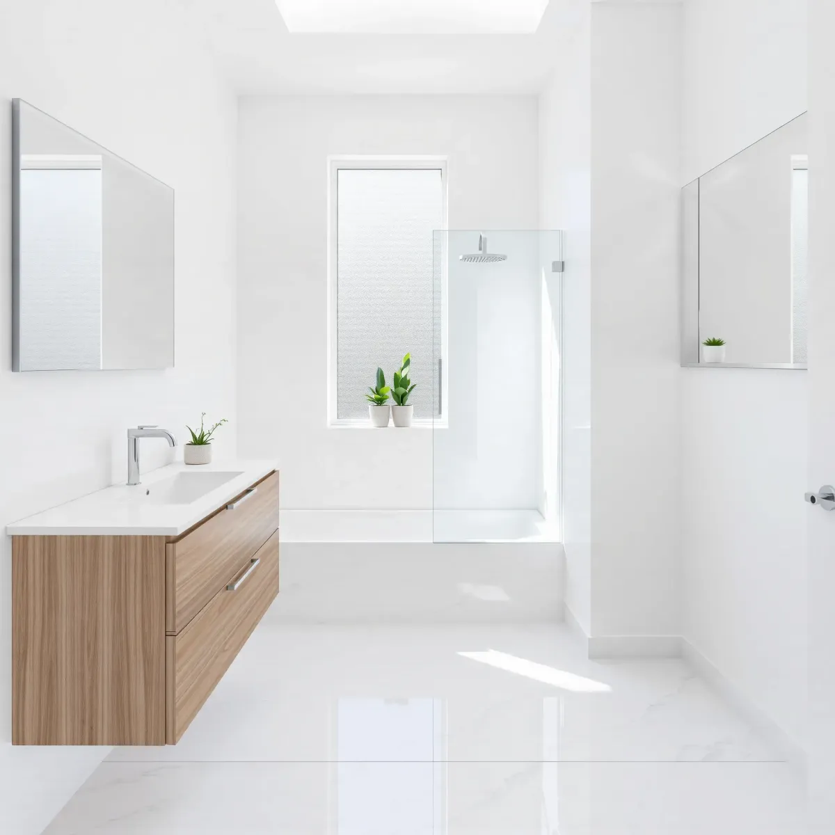 Modern Venice, CA bathroom with white marble tiles, minimalist vanity, coastal accents, and coastal town view.