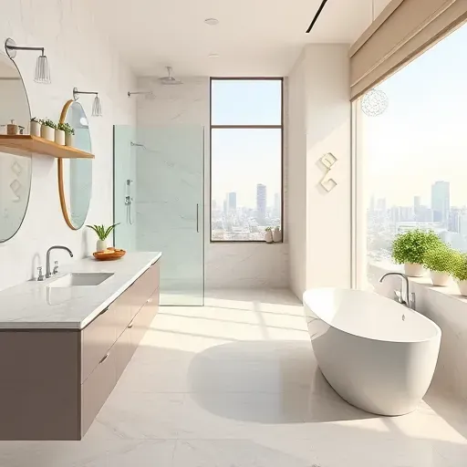 Luxurious Los Angeles bathroom with marble countertops modern fixtures a glass shower freestanding tub and city views