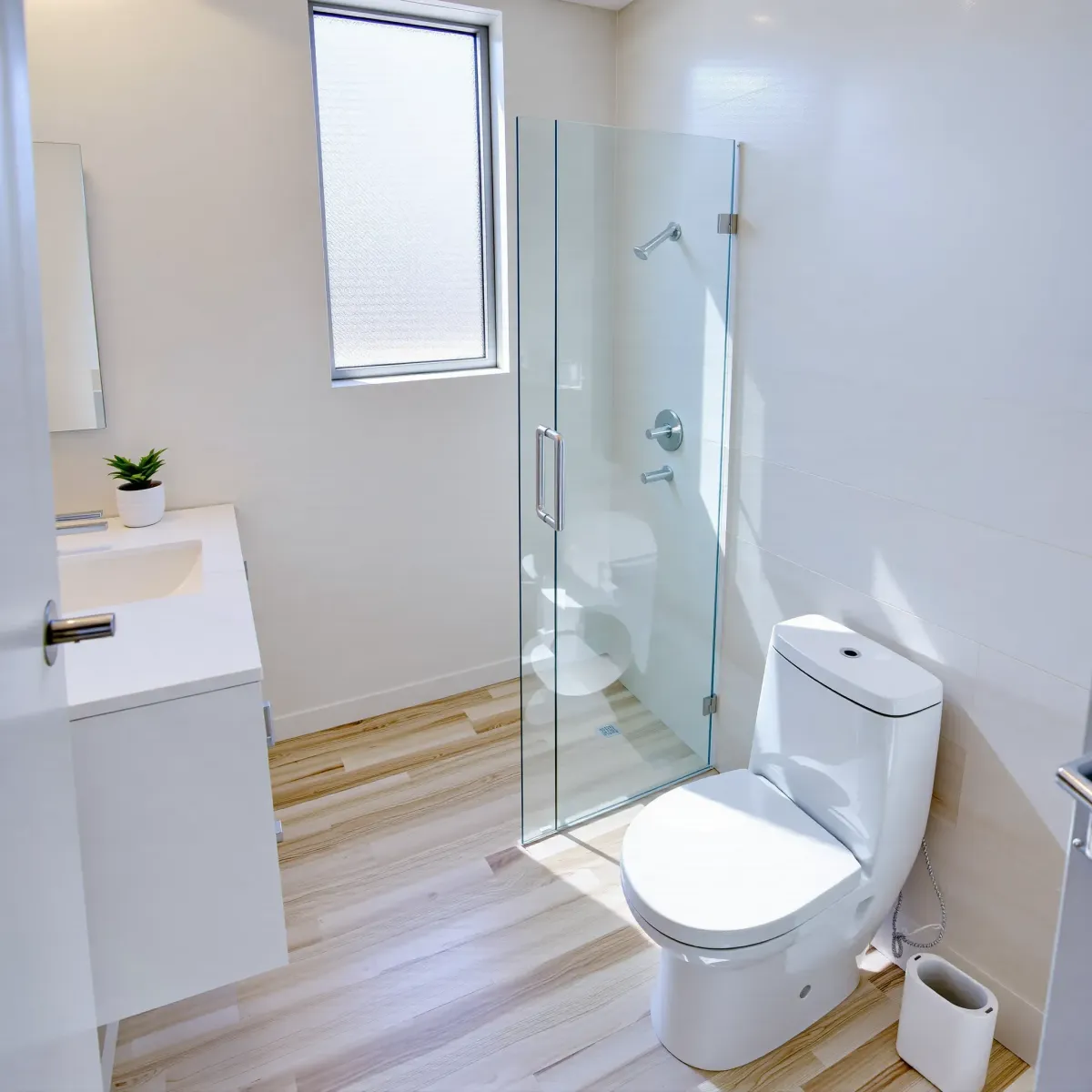 Remodeled small bathroom in Mid Wilshire, CA with modern fixtures, neutral tones, natural light, and polished hardwood flooring.