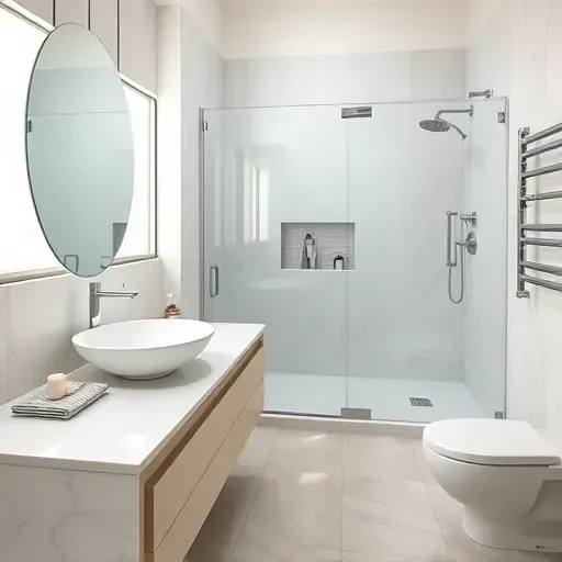 Renovated small bathroom in Los Angeles featuring minimalist design, marble countertops, and natural light.
