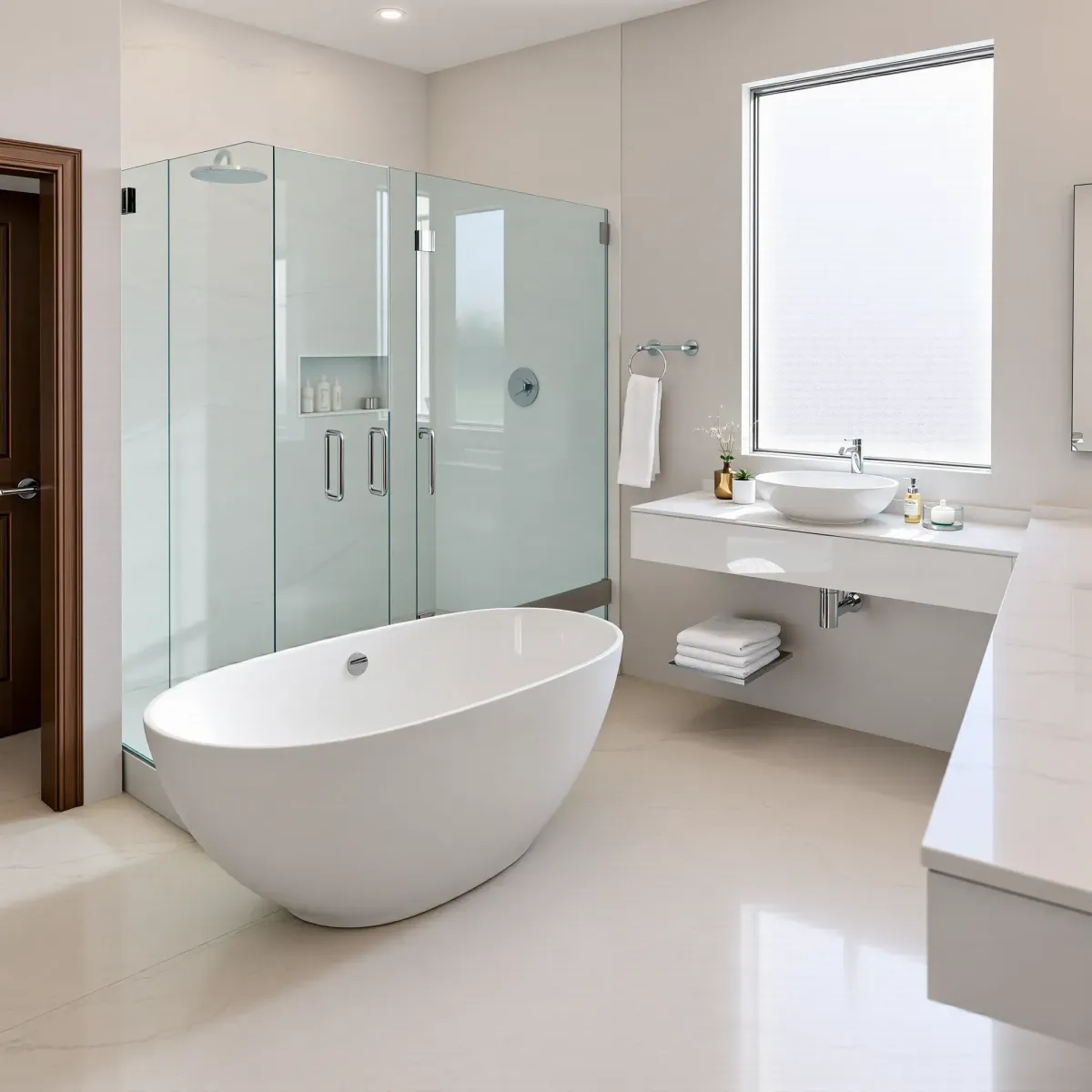 Renovated Harvard Heights bathroom with marble tiles, walk-in shower, soaking tub, floating vanity, and modern fixtures.