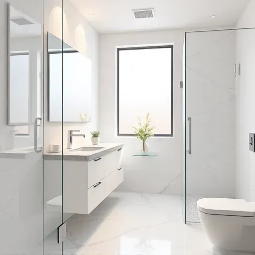 Recently renovated Windsor Hills CA small bathroom with modern fixtures, marble flooring, glass shower, and coastal decor