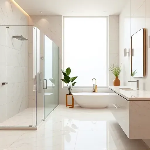 Luxury Los Angeles bathroom with marble tiles, walk-in shower, freestanding tub, double vanity, and modern decor