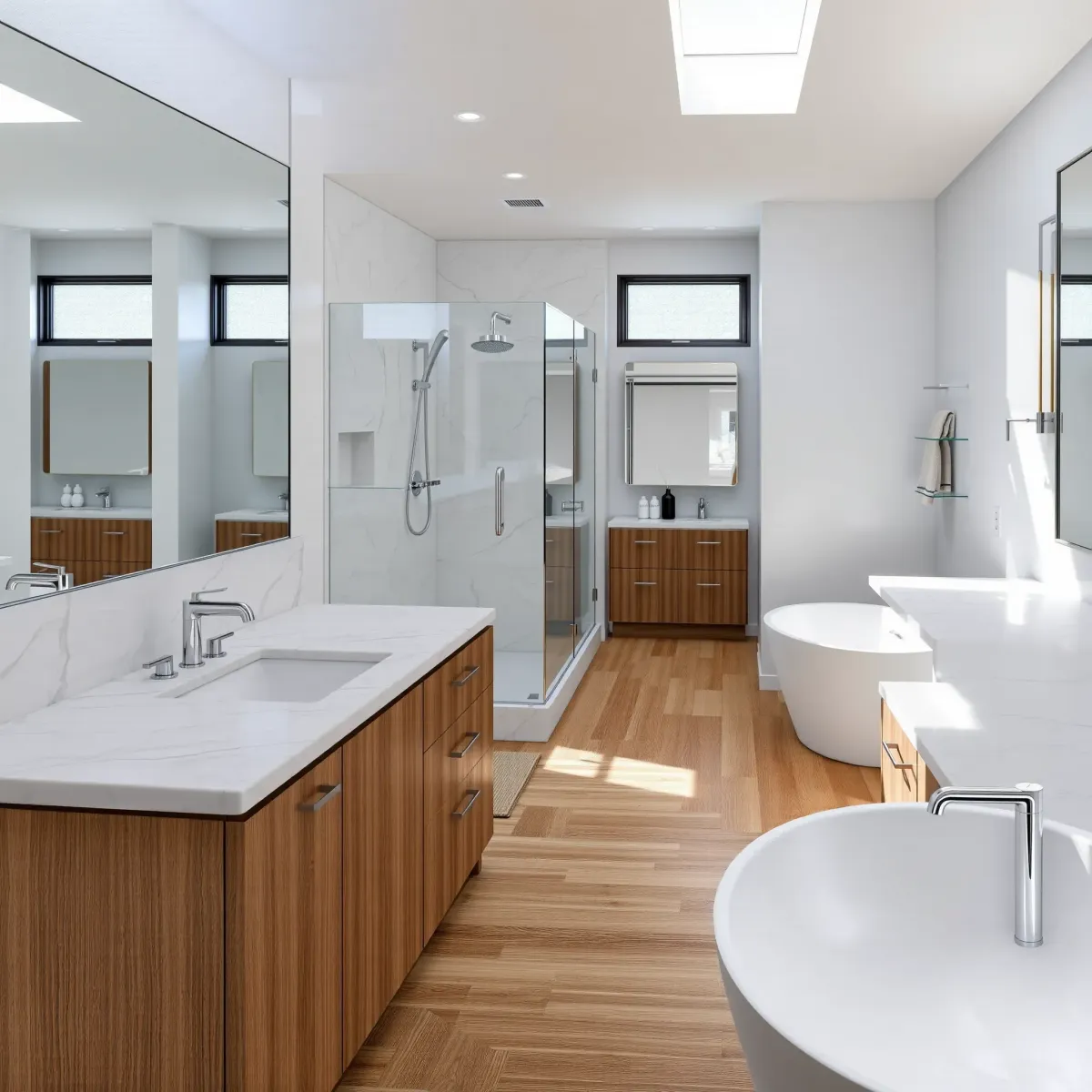 Remodeled Harvard Heights bathroom featuring marble countertops, glass shower, soaking tub, wooden floors, and modern fixtures.