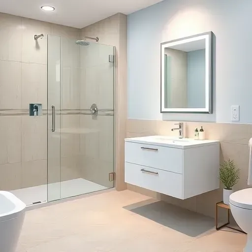 Remodeled small Hermosa Beach bathroom with modern fixtures, glass shower, floating vanity, LED mirror, coastal colors and elegant design