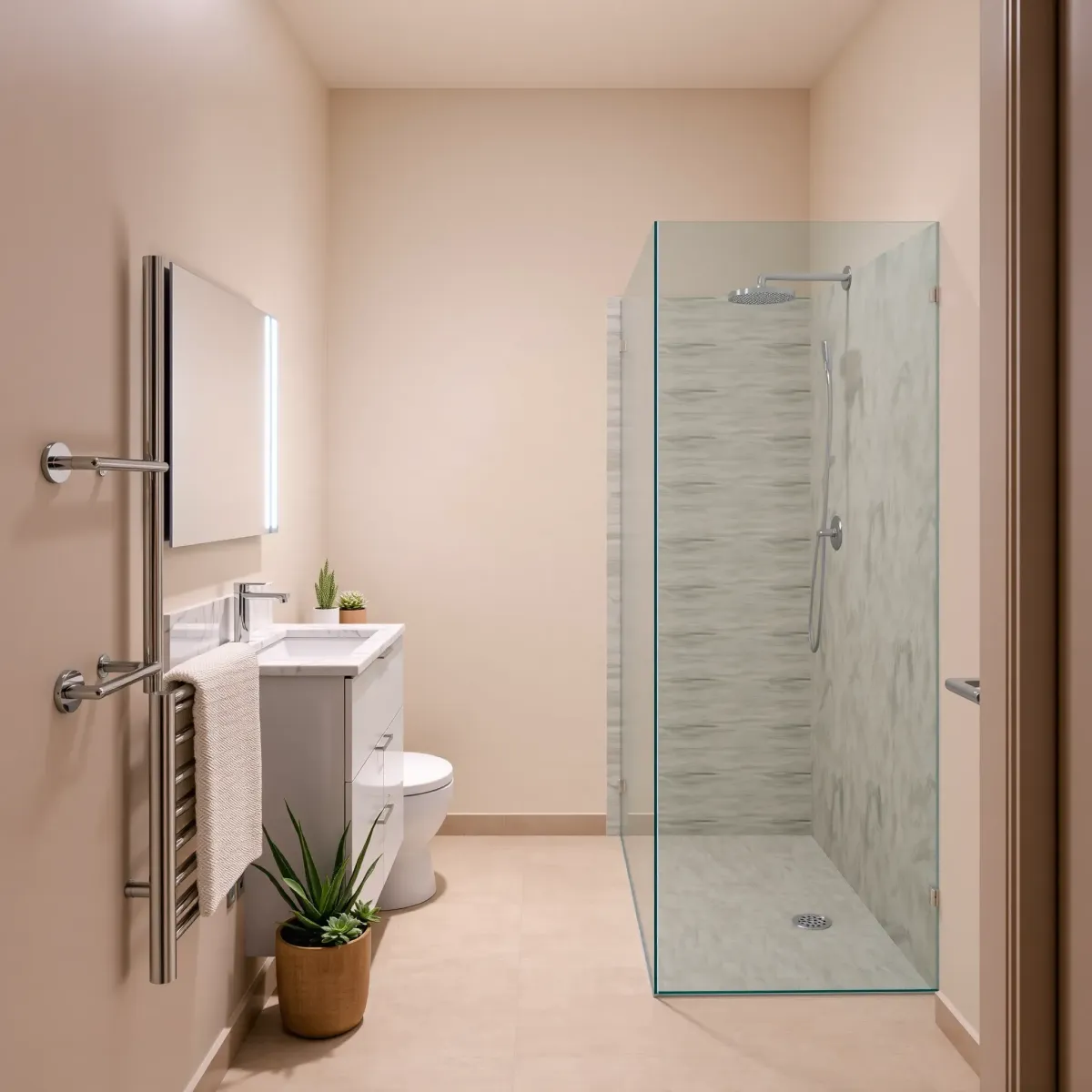 Modern small bathroom in Jefferson Park, CA with neutral tones, marble vanity, glass shower, and sleek fixtures.