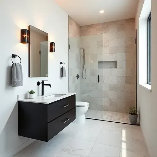 Remodeled small bathroom in Compton with matte black fixtures, marble vanity, glass shower, neutral tones, and modern decor