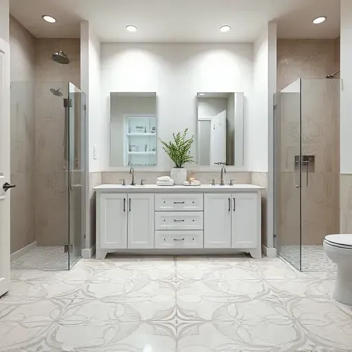 Completed bathroom remodel in Lomita CA featuring elegant tile floors, glossy cabinetry, and a spacious walk-in shower.