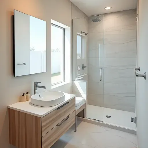 Freshly remodeled small bathroom in Playa del Rey CA, featuring modern design, sleek fixtures, and coastal scenery.