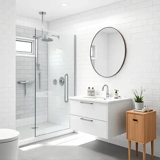 Newly remodeled small bathroom in Hawthorne CA featuring modern fixtures, white subway tiles, marble vanity, glass shower, and natural light