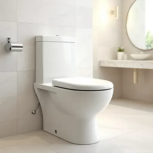 Fresh modern white toilet with chrome fixtures in a sleek, upscale LA bathroom featuring neutral tiles, elegant vanity, and ambient lighting