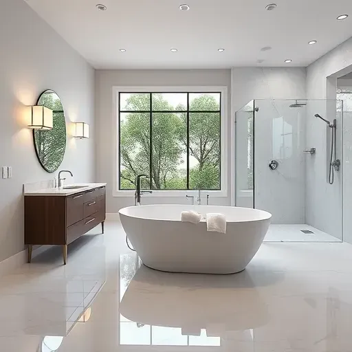 Bathroom remodel in Santa Monica features sleek design, freestanding tub, double vanity, and elegant chrome fixtures.