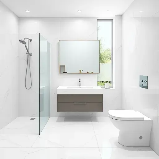 Small modern bathroom with white marble tiles, glass shower, floating quartz vanity, double sinks, and frosted window