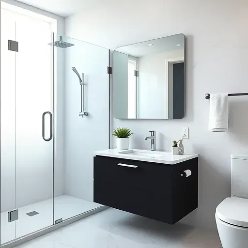Remodeled small bathroom in Inglewood California with modern fixtures, marble floors, glass shower, matte black vanity, and natural light