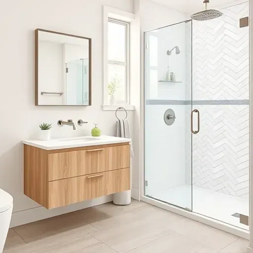 Bright renovated small bathroom in El Segundo with modern wood vanity, white quartz countertop, glass shower with subway tiles, and natural light.