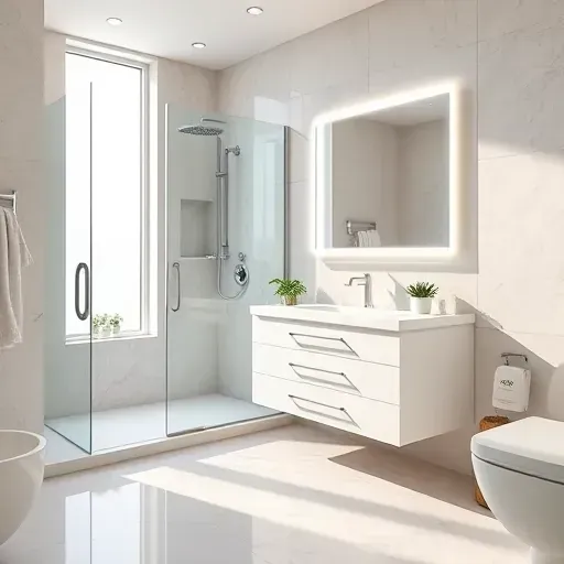 Small bathroom remodel in Lennox CA featuring polished marble tiles, modern fixtures, and inviting neutral tones.