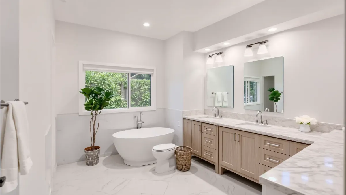 Renovated Santa Monica bathroom with modern fixtures, marble tiles, walk-in shower, quartz vanity, and coastal decor.