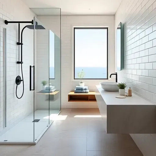 Beautiful small bathroom remodel in Santa Monica featuring matte black fixtures, frameless shower, floating vanity, and coastal decor