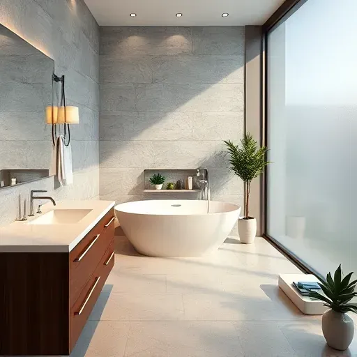 Luxurious bathroom remodel in Crenshaw CA with elegant tiles, freestanding tub, and rich wood vanity. Modern design details.