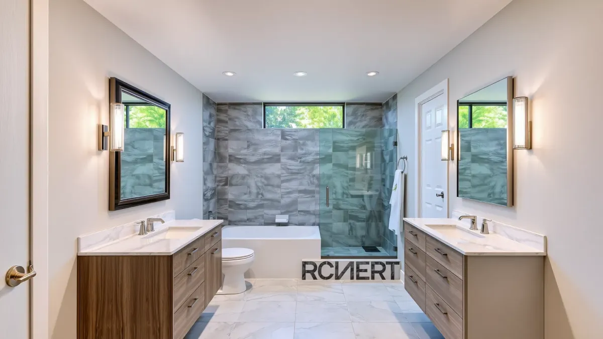 Modern renovated bathroom in Mid Wilshire, CA with marble bathtub, glass shower, sleek vanity, and natural light.