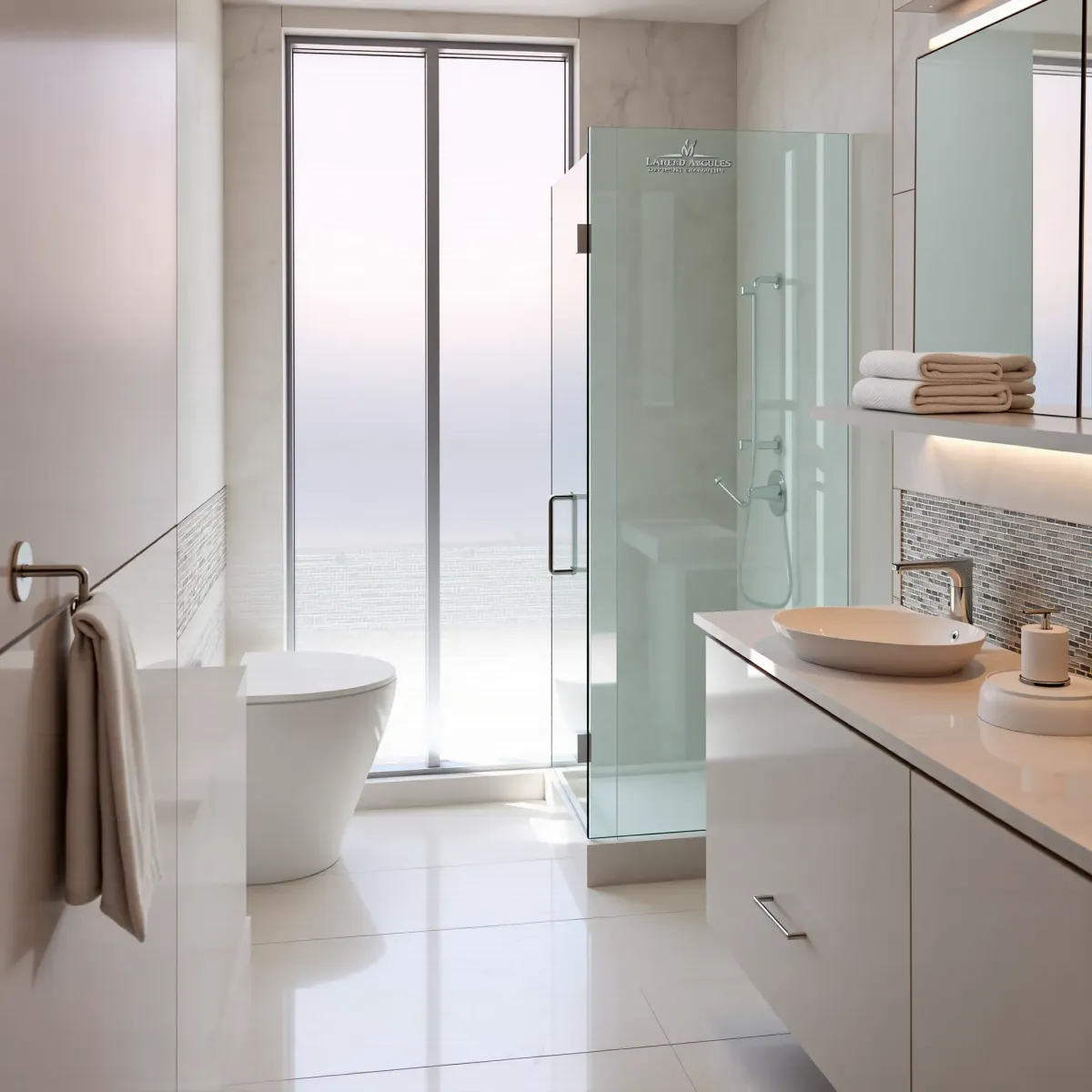 Modern LA bathroom with sleek fixtures, marble countertops, glass shower, natural light, city view, and stylish design.