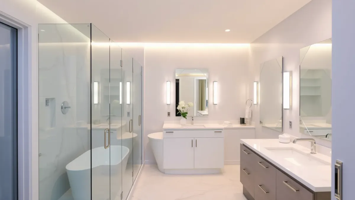 Modern renovated Century City bathroom with marble, glass shower, soaking tub, wood vanity, city view, luxury design.