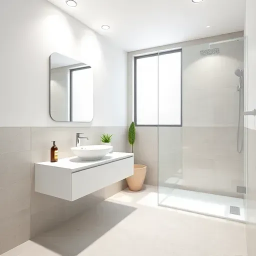 Renovated small bathroom in Playa del Rey CA featuring a white floating vanity with marble top, glass shower, neutral tiles, and natural light