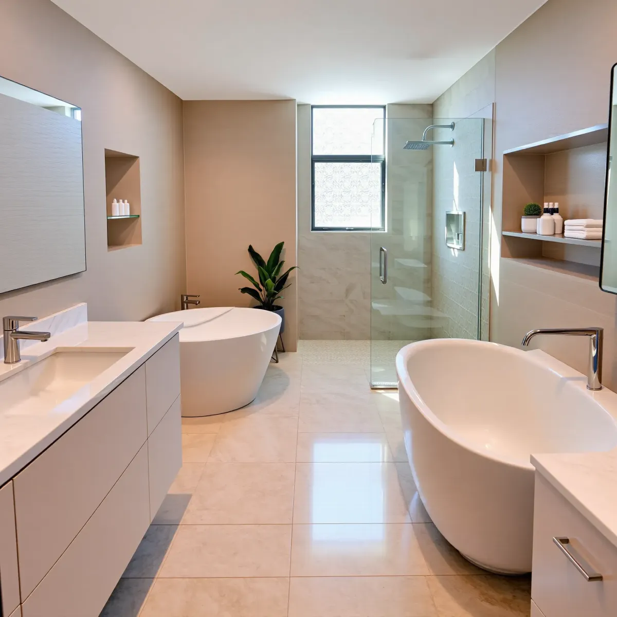 Renovated small Fairfax District bathroom with modern vanity, marble countertop, glass shower, freestanding tub, and greenery.