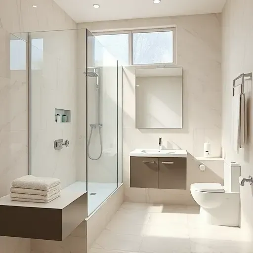 Remodeled small Los Angeles bathroom with modern fixtures, glass shower, marble tiling, floating vanity, natural light