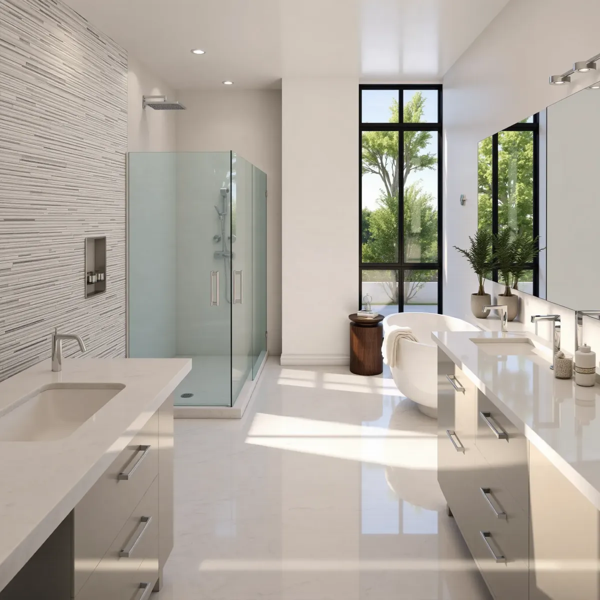 New Windsor Hills, CA bathroom remodel featuring marble floors, modern tub, glass shower, sleek vanity, and warm lighting.