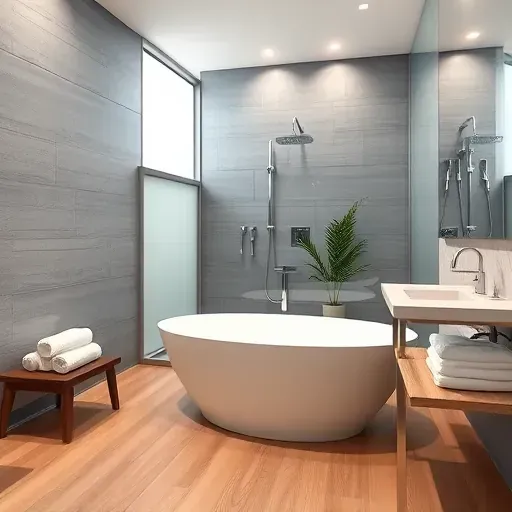 Completed bathroom remodel in Culver City, featuring a modern design, freestanding tub, and natural light.