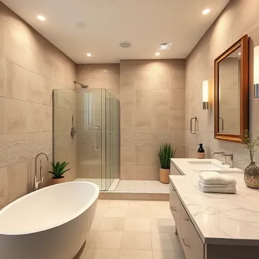 Completed bathroom remodel in Inglewood CA features modern bathtub, walk-in shower, marble vanity, and serene decor.