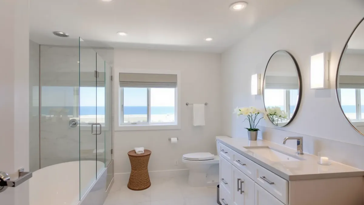 Remodeled Torrance bathroom with walk-in shower, soaking tub, marble vanity, neutral tones, natural light, and modern fixtures.