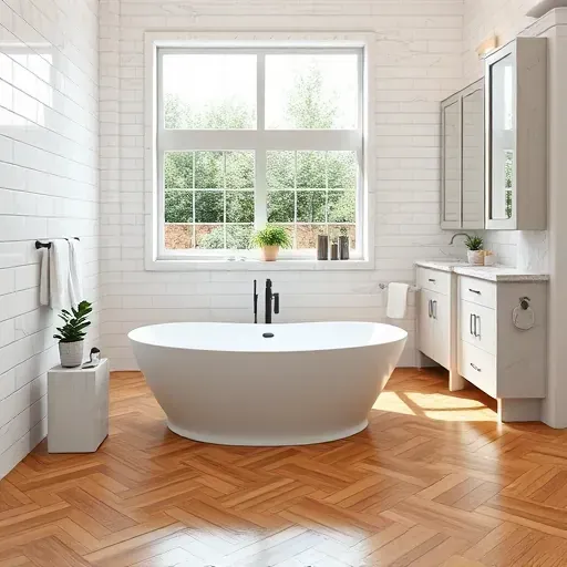 Spacious modern bathroom remodel in Windsor Hills CA featuring a freestanding tub, stylish decor, and natural light.