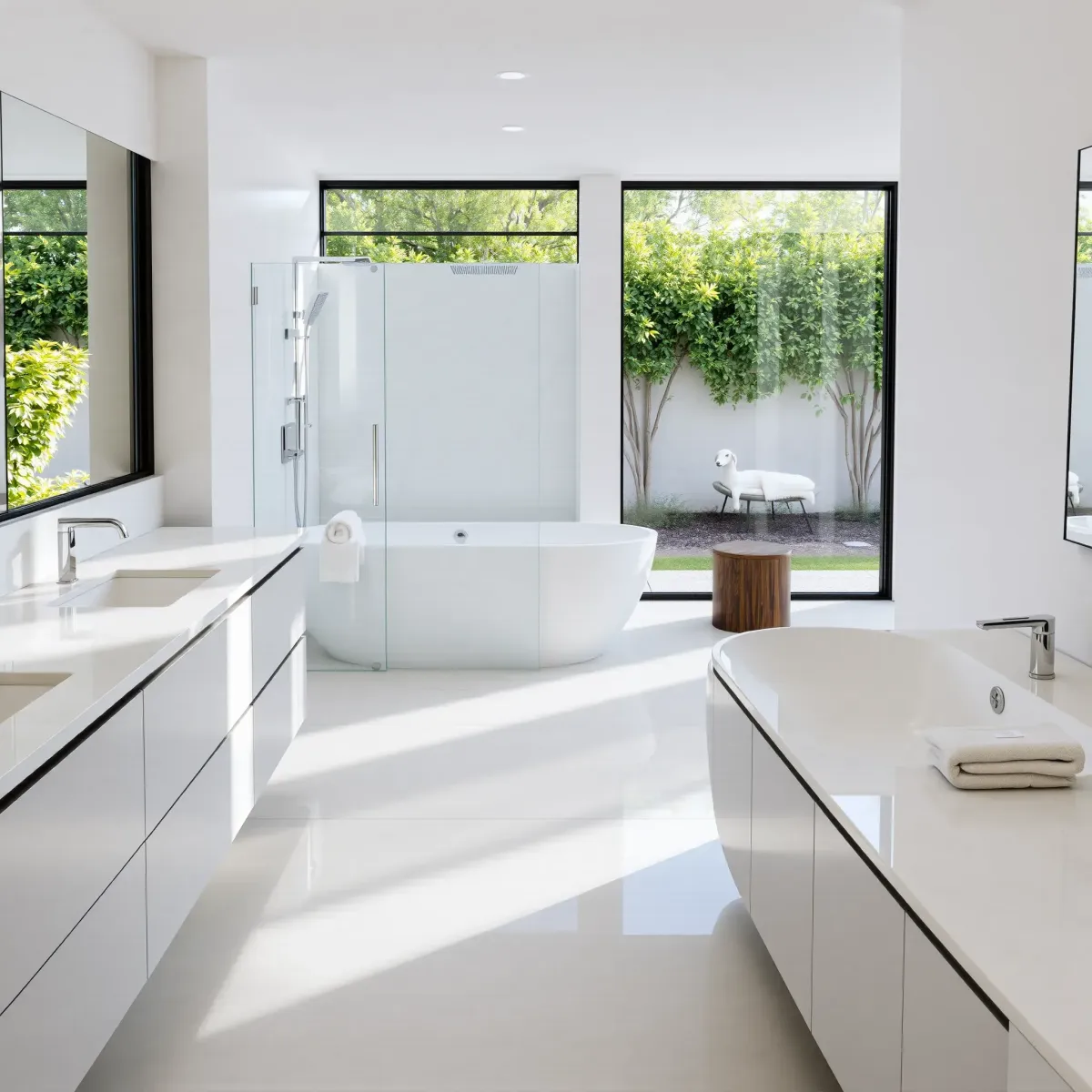 Luxurious renovated bathroom in Mar Vista, CA, with modern fixtures, marble countertops, glass shower, soaking tub, and natural light.
