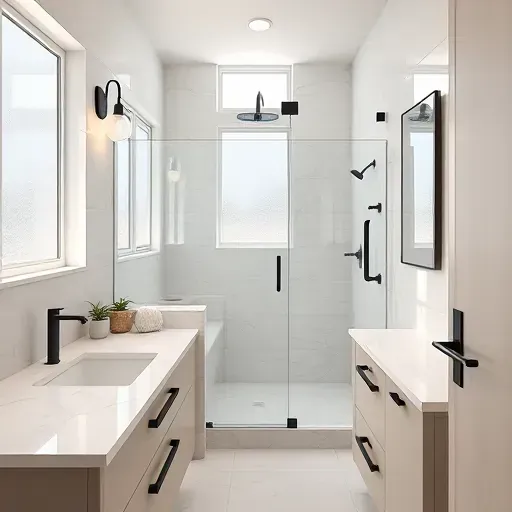 Renovated small Marina del Rey bathroom with modern fixtures, glass shower, marble counters, black hardware, coastal decor, and natural light