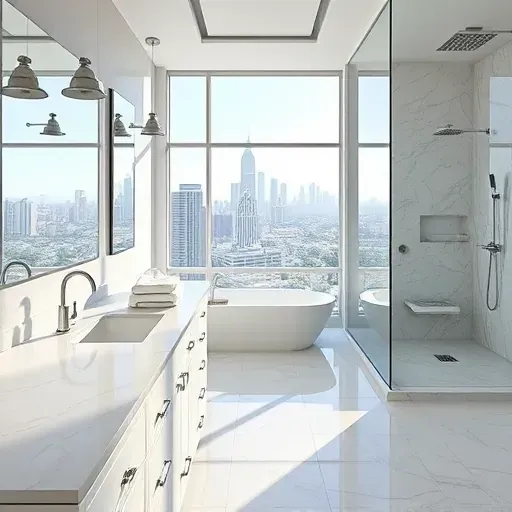 Luxury Los Angeles bathroom with marble countertops rainfall showerchromed fixtures city view natural light