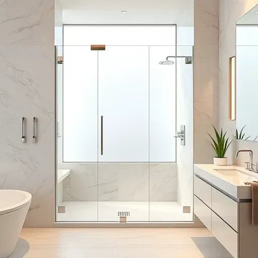 Modern Los Angeles bathroom with sleek frameless glass shower door, polished chrome hardware, marble tiles, and soft ambient lighting