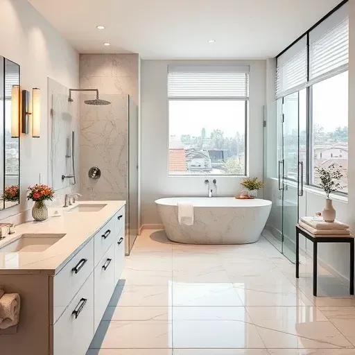 Completed bathroom remodel in Fairfax District CA with marble countertops, chrome fixtures, walk-in shower, freestanding tub.