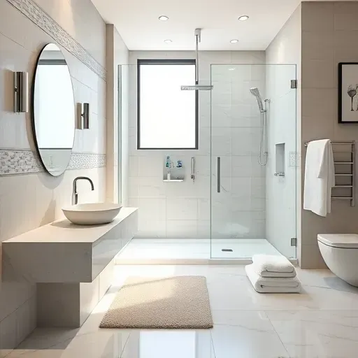 Beautiful modern guest bathroom in Los Angeles with marble countertops, ceramic tiles, glass shower, and elegant lighting
