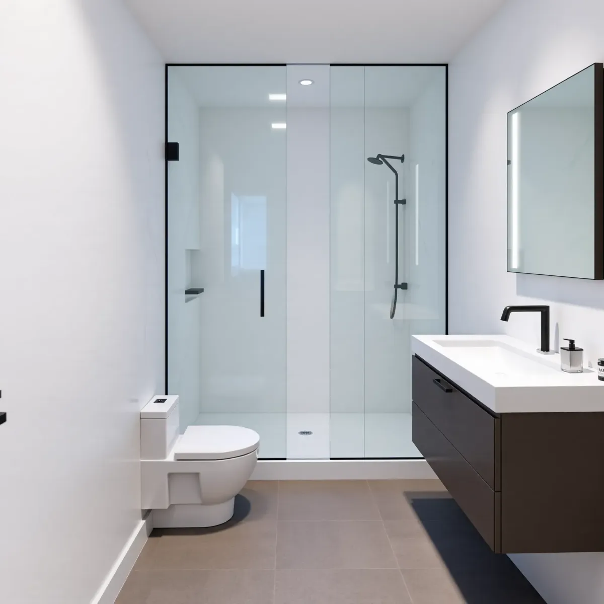 Small modern bathroom in West LA with marble walls, frameless shower, matte fixtures, and sleek design.