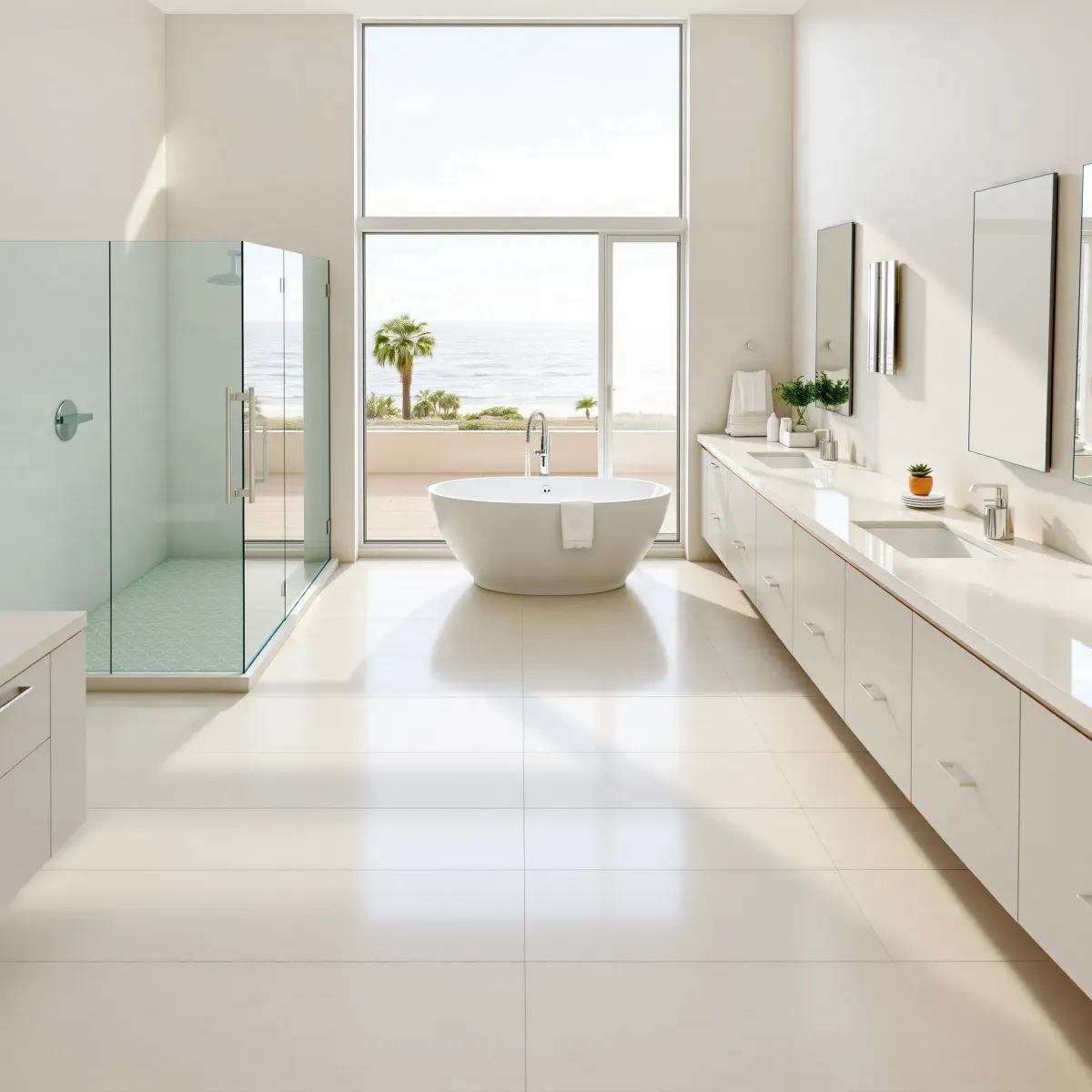 Modern Playa del Rey bathroom with quartz countertops, subway tiles, walk-in shower, and coastal decor.