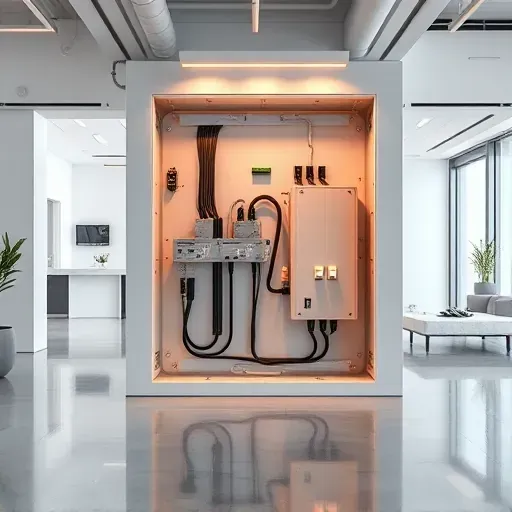 Modern LA commercial building interior with sleek electrical panel, organized wiring, warm LED lighting, polished floors, and large windows